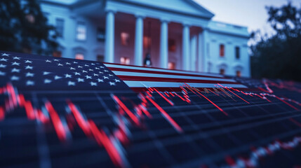 Close up of a stock market chart going down with the White House in the background, featuring red and blue colors and an American flag with a blurry White House background