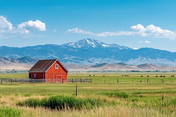 Beautiful rural farm landscape featuring a red barn with mountains in the background