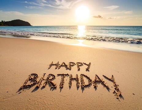 Happy Birthday written in sand on beach - Powered by Adobe