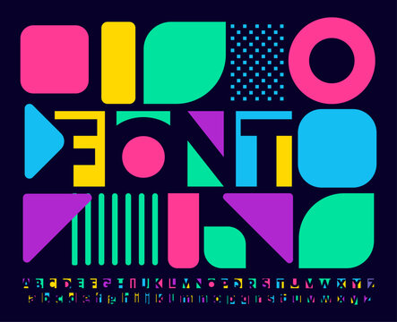 Colorful abstract alphabet, bold playful letters, geometric modular font with vibrant display feel, creative logo branding, modern poster headline, artistic typographic identity. Vector typeset