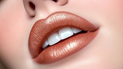 Fototapeta premium Alluring Glamour Close Up of Woman s Beautiful Full Lips, Adorned in Gold Metallic Lipstick