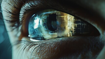 3D futuristic eye interface with scaffolding visuals shows a high-tech digital vision system.