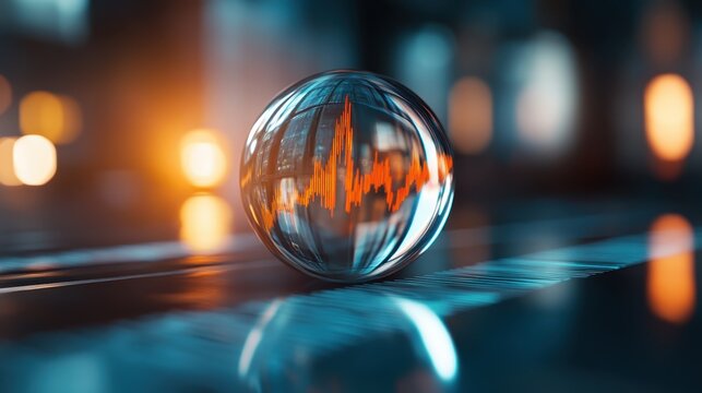 A mesmerizing glass sphere contains an abstract sound wave pattern illuminated by warm hues, representing the invisible yet impactful nature of sound in our lives.