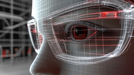 3D futuristic eye interface with scaffolding visuals shows a high-tech digital vision system.