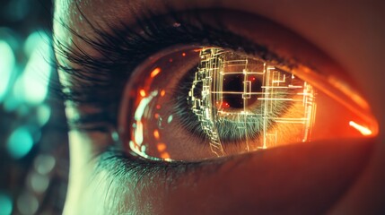 3D futuristic eye interface with scaffolding visuals shows a high-tech digital vision system.