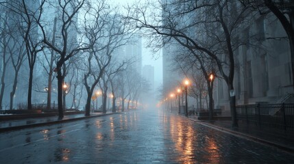 Foggy City Street with Wet Pavement and Bare Trees