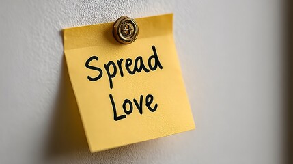 Spread Love Message Yellow Sticky Note with Inspirational Quote Pinned on White Background