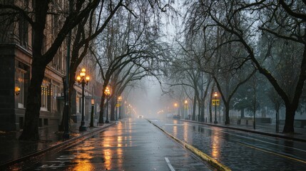 Foggy City Street with Wet Pavement and Bare Trees