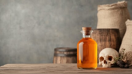 A captivating arrangement featuring a glass bottle filled with amber liquid, a skull, and rustic wooden barrels that evokes mystery and intrigue in a vintage setting.
