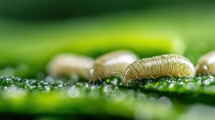 A close-up of tiny larvae resting on a lush green leaf highlights the intricate details of nature, representing growth, life cycles, and the beauty of the natural world.