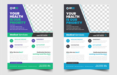 Dentist and Health care medical flyer and banner template.Hospital, doctor, clinic and dentist health business marketing banner with logo and icon. Creative online promotion corporate template.Dent