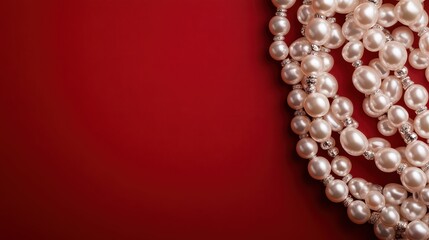 A stunning display of elegant pearl necklaces set against a rich red velvet background, evoking feelings of luxury, sophistication, and timeless beauty in fashion.