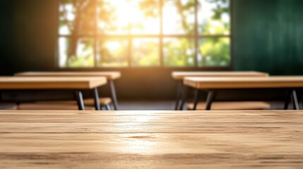 An inviting classroom bathed in sunlight, highlighting empty wooden desks and an inspiring learning environment that encourages educational engagement and creativity in students.