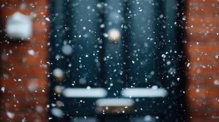 Delicate snowflakes gently fall on a blue door, creating a serene, picturesque winter scene filled with tranquility and the charm of seasonal beauty in a cozy outdoor setting.
