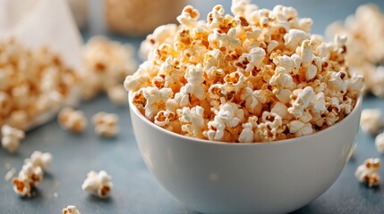 An enticing close-up of fluffy, buttery popcorn piled high in a white bowl, creating an inviting sensation of comfort and indulgence for movie lovers and snack enthusiasts.