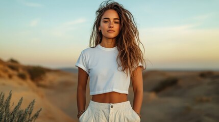 A confident young woman stands in a serene desert landscape at sunset, showcasing fashion and nature's beauty in perfect harmony, capturing adventurous spirit and lifestyle.