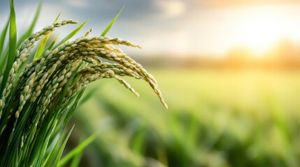 A close-up view of golden rice plants swaying gently in the breeze, illuminated by a warm sunset glow, indicative of abundance and agricultural beauty in nature.