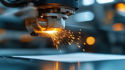An industrial laser cutting machine in action, illuminating the workspace with bright sparks, symbolizing precision, technology, and advanced manufacturing processes.