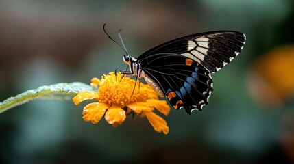 A stunning butterfly rests delicately on a vibrant yellow flower, showcasing nature's beauty and the intricate details of its wings and the bloom in soft focus background.