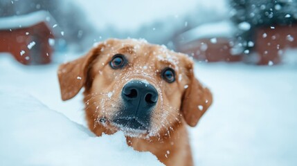 A playful golden retriever puppy gazes curiously at the camera while surrounded by a snowy landscape, capturing the joy and wonder of winter moments with pets.