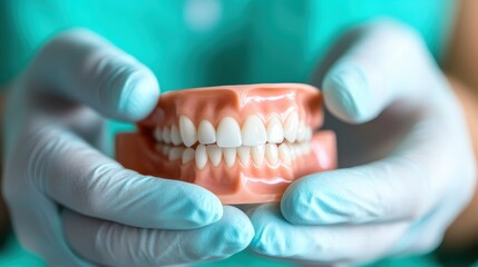 A closeup of a dental model showcasing perfectly arranged white teeth, highlighting dental health, oral hygiene, and education for patients and students in dentistry.