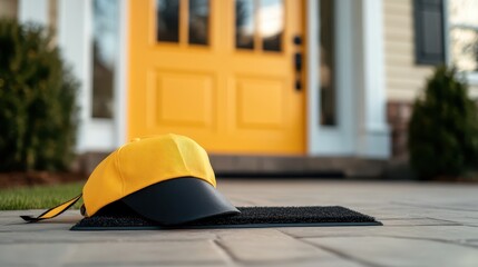 A bright yellow cap rests casually on a doormat outside a vibrant front door, highlighting a playful touch and inviting atmosphere for creative and lifestyle designs.
