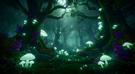 Fototapeta premium Enchanted Forest Illuminated By Glowing Mushrooms And Purple Flowers