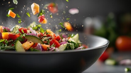 A fresh and colorful vegetable salad bursting with vibrant ingredients such as peppers, cucumbers, and herbs, perfect for a healthy meal or photo shoot.