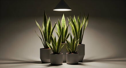 Illuminated Sansevieria Plants In Minimalist Setting Under Lamp