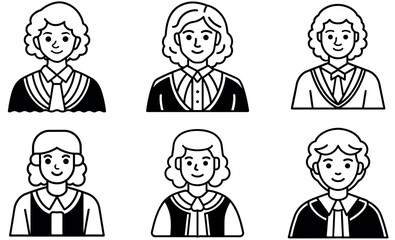 Six female judge icons in black and white.