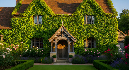 Fototapeta premium Picturesque Residence Draped in Verdant Ivy and Floral Accents on a Sunny Day