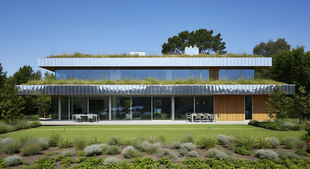 Sustainable Living Modern House With Green Roof And Beautiful Garden