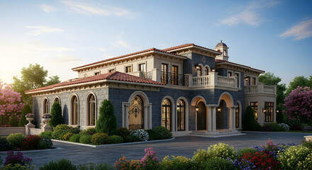 Fototapeta premium Elegant Estate Exterior Villa With Landscaped Gardens And Architectural Sophistication