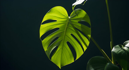 Dramatic Lighting On Monstera Leaf Against A Dark Background Showcasing Its Details