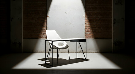 Minimalist Workplace Featuring Desk And Chair Illuminated By Dramatic Spotlight