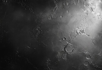 Gray, textured surface with craters.  Dark, uneven, rocky terrain