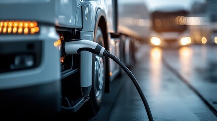 The image captures a sleek electric truck being charged in a modern urban environment, emphasizing advancements in technology and sustainability in transportation.