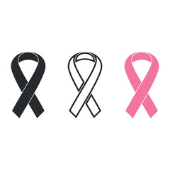 Breast Cancer Awareness Ribbon Icons Set &ndash; Pink, Black, and Outline Variants. Vector icons of awareness ribbons representing breast cancer awareness in different visual styles.