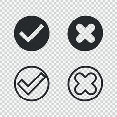 Checkmark and Cross Icons – Solid and Outline Set. Vector icon set featuring checkmark and cross symbols in both solid and outline styles. Perfect for user interfaces, web applications.