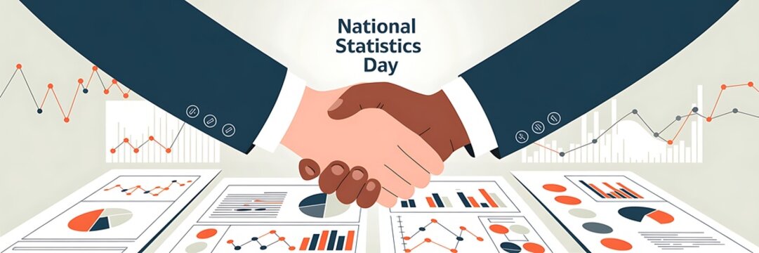 Statistics Day, Design. National Statistics Day business handshake over data charts and graphs
- Powered by Adobe