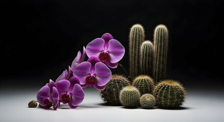 Botanical Juxtaposition Orchid Bloom Beside Arid Cactus Cluster