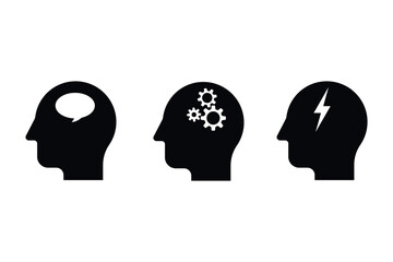 Set of human head silhouette icons with brain symbols: speech bubble, gears, and lightning. Represents thinking, decision-making, and mental energy. Concept of brain activity and mental health.