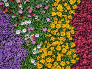 Vibrant flower bed, a colourful display of various blooms in vertical stripes