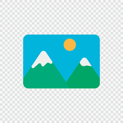 Image Icon – Landscape Picture Symbol. Flat style image icon featuring a landscape with mountains and sun. Ideal as a placeholder for image uploads, photo galleries.