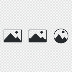 Photo Icons Set in Flat and Minimal Style. Simple flat-style photo symbols featuring landscape icons with sun and mountains in different frame shapes, ideal for web and app design.
