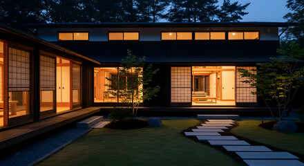 Illuminated Japanese Residence With Stone Pathway And Lush Garden At Twilight
