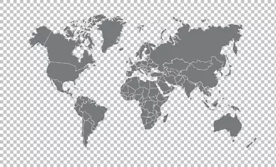 Rolgordijnen Wereldkaart Gray World Map with Country Borders on Transparent Background. Flat vector world map in gray with national boundaries. Transparent background for versatile design use.  © Yeliena