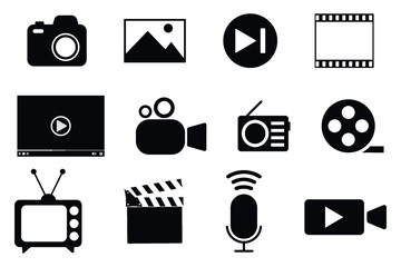 Collection of black media icons including video camera, film reel, microphone, television, and playback buttons. Perfect for multimedia and entertainment themes. Includes TV, film strip, video player.