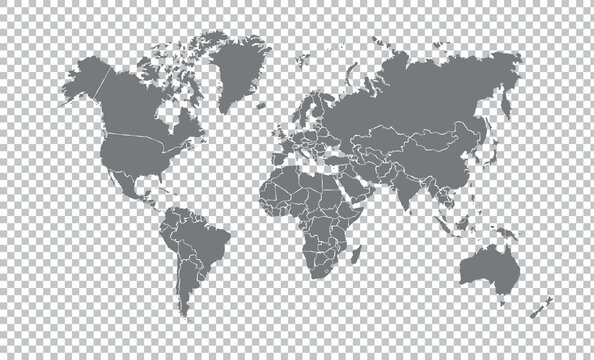 Gray World Map with Country Borders on Transparent Background. Flat vector world map in gray with national boundaries. Transparent background for versatile design use.