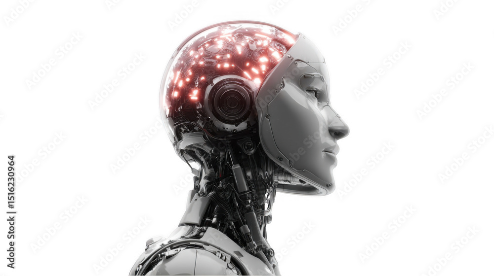 Poster profile view of a futuristic ai robot head with glowing brain nodes, highlighting advanced technolog